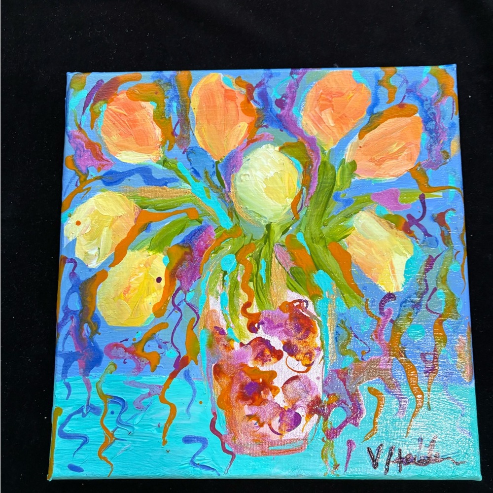 “Yellow Tulips In VaseAcrylic  Original Painting  10”x10”on Canvas Hand Painted